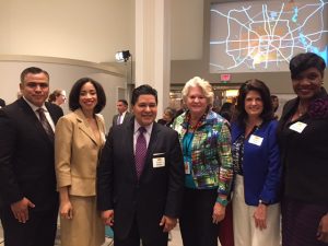 From left: Rudy Trevino, Council Member Amanda Edwards, HISD Superintendent Richard Carranza, Kathleen Ownby, Adriana Tamez, HISD Trustee Wanda Adams